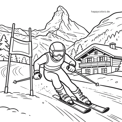 Ein Skifahrer fährt durch ein Tor bergab in den italienischen Alpen, mit hohem Berg, verschneiten Hängen und einer Almhütte.