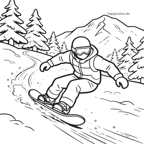 Ein Snowboarder mit Skibrille und Winterkleidung fährt eine verschneite Piste hinunter, mit Tannen und Bergen im Hintergrund.
