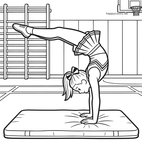 Schwarz-weißes Ausmalbild einer jungen Turnerin im Handstand auf einer Matte in der Turnhalle mit Sprossenwand im Hintergrund.