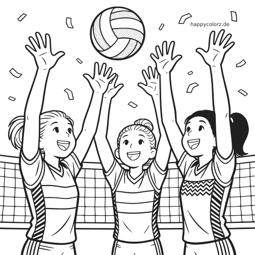 Drei lächelnde Volleyballspielerinnen strecken vor dem Netz die Hände nach oben zu einem Ball, umgeben von Konfetti.