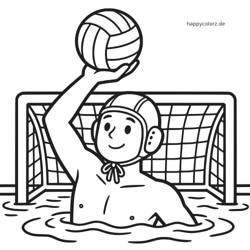 Ein Wasserball-Torwart mit Kappe hält den Ball hoch vor dem Tor und treibt im Wasser des Beckens.