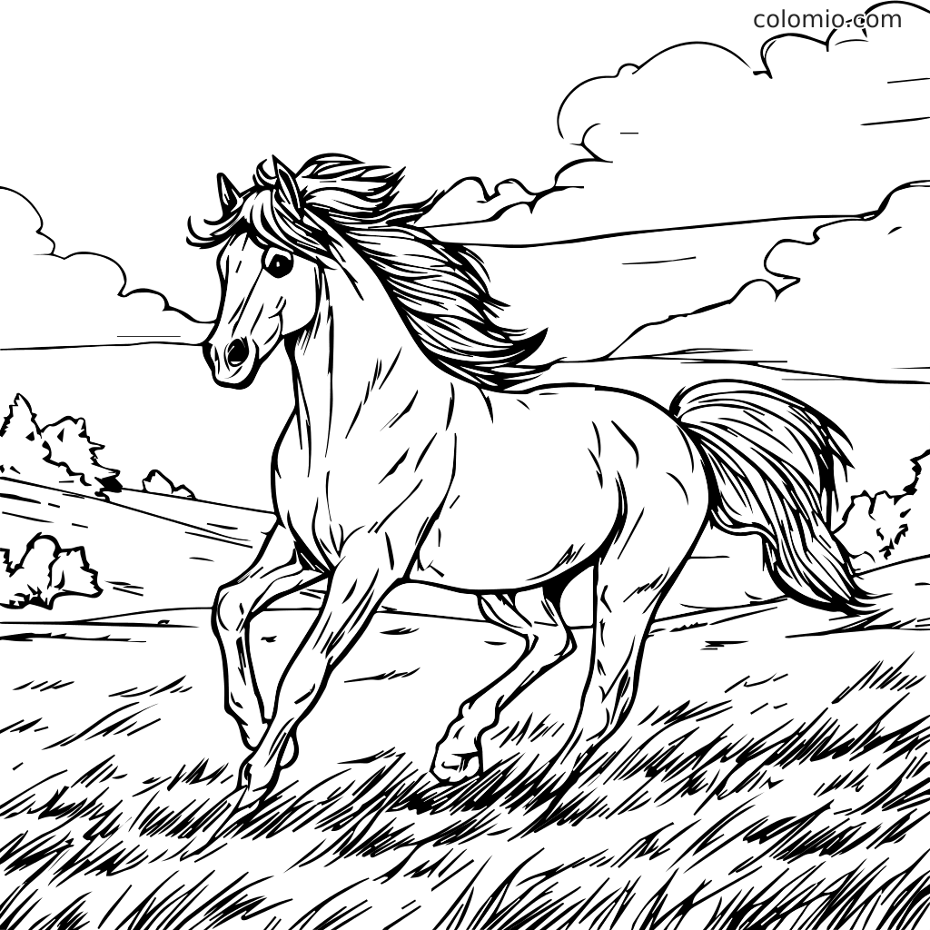 Ausmalbild eines galoppierenden Pferdes für Kinder Ein galoppierendes Pferd, das durch ein grasbewachsenes Feld läuft, mit Wolken im Hintergrund, zum Ausmalen.