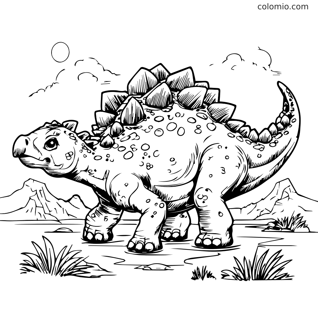 Ein detailliertes Ausmalbild mit einem Stegosaurus-Dinosaurier in einer felsigen Landschaft mit Bergen und Gras.