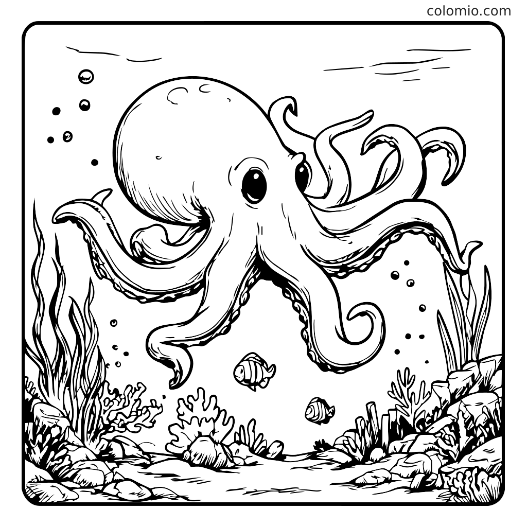 Eine Schwarz-Weiß-Malvorlage mit einem Oktopus, der zwischen Korallen und Fischen in einer Unterwasserszene schwimmt.
