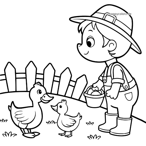 Ein Bauernkind mit Hut und Gummistiefeln hält einen Eimer und füttert zwei Enten neben einem Holzzaun.