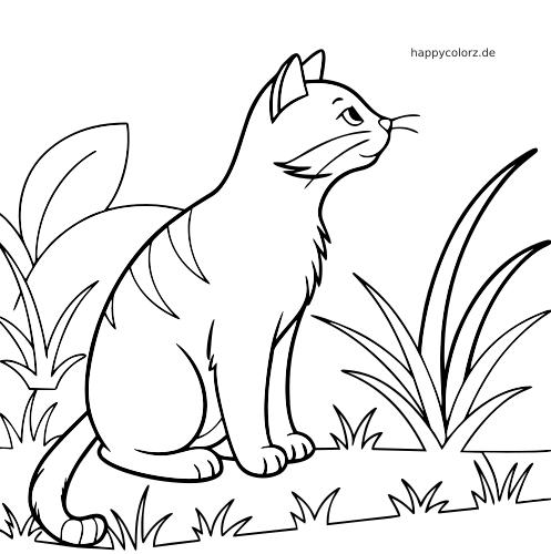 Eine Hofkatze sitzt aufrecht im hohen Gras zwischen großen Blättern in einer einfachen schwarz-weißen Linienzeichnung.