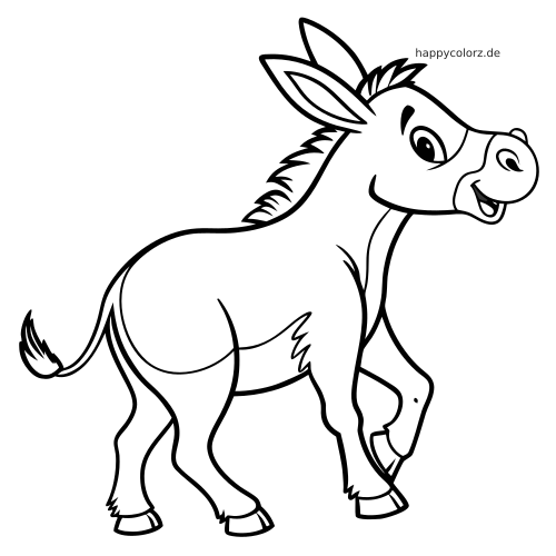 Ein Cartoon-Esel mit großen Augen, lächelndem Gesicht und angehobenem Vorderbein in einer verspielten Pose.