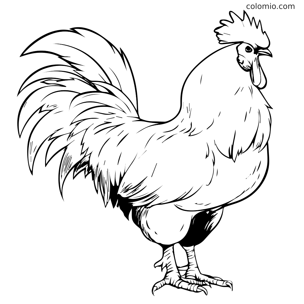 Detaillierte Ausmalbild eines Hahns für Kinder Eine schwarz-weiße Umrisszeichnung eines Hahn, ideal für Malaktivitäten.