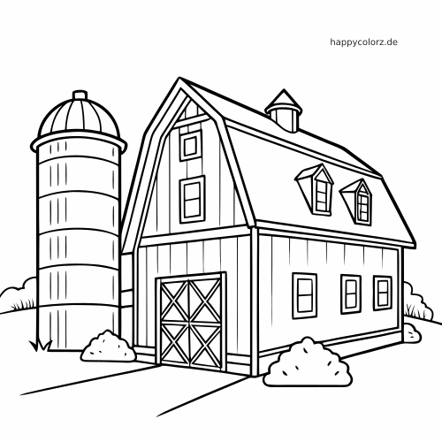 Schwarz-weiße Linienzeichnung einer einfachen Scheune mit hohem Silo, Fenstern und Büschen im klaren Comicstil.