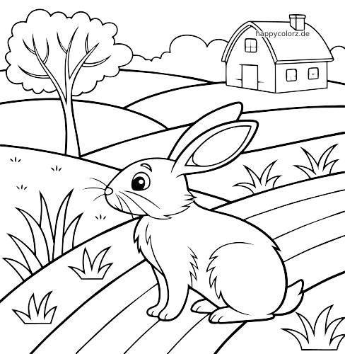 Ein Hase sitzt auf gestreiften Feldern vor einem Bauernhof, mit Baum und Grasbüscheln in einer einfachen Schwarz-Weiß-Zeichnung.