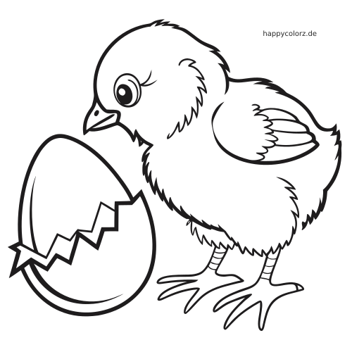 Ein flauschiges Osterküken steht neben einer aufgebrochenen Eierschale in einer einfachen Cartoon-Linienzeichnung.