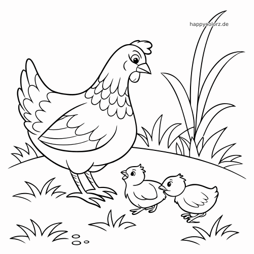 Eine schwarz-weiße Henne steht im Gras neben zwei kleinen Küken in einer einfachen Bauernhofszene zum Ausmalen.