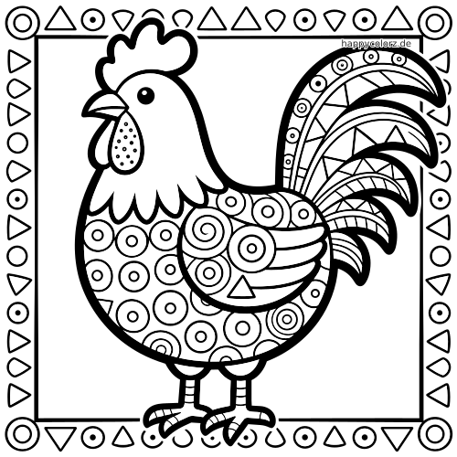 Schwarz-weißes Ausmalbild eines einfachen Zentangle-Hahns mit kreisförmigen Mustern, geschichtetem Schwanz und geometrischem Rahmen.