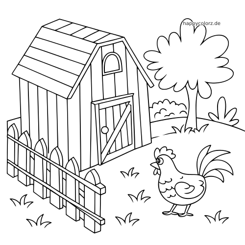 Ein einfacher Hühnerstall im Bauernhof mit Zaun, einem Hahn, einem Baum und Gras in klaren Cartoon-Konturen.