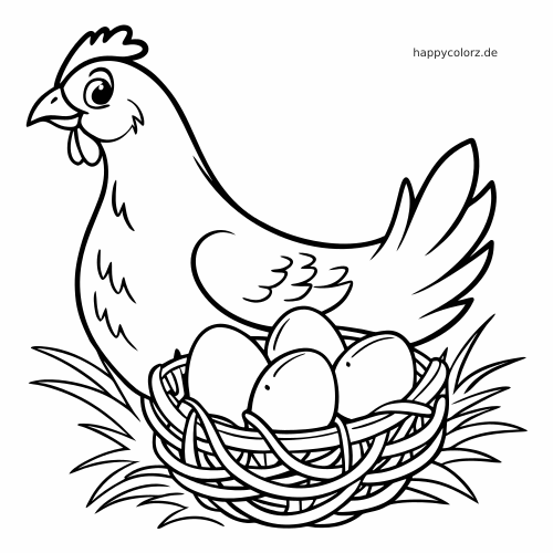 Eine Henne steht neben einem geflochtenen Nest mit mehreren Eiern, gezeichnet mit einfachen schwarzen Umrissen zum Ausmalen.
