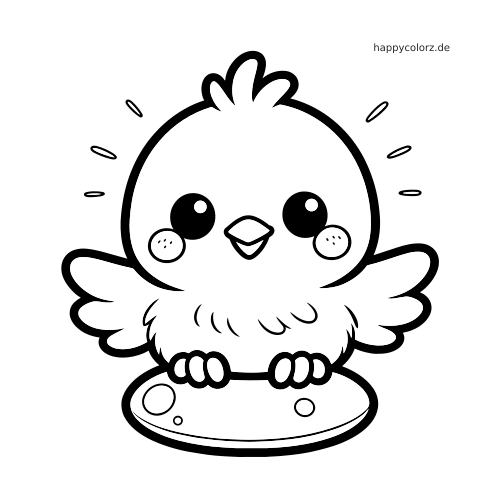 Ein Kawaii-Küken sitzt auf einem Ei, breitet die Flügel aus und hat runde Wangen sowie kleine Linien um den Kopf.