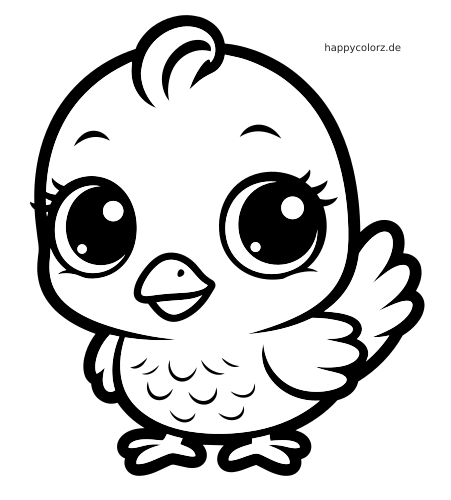 Ein kawaii Küken steht aufrecht mit sehr großen Augen, kleinen Flügeln und einfachen Federdetails in kräftigen schwarzen Umrissen.