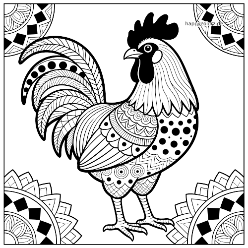 Ein schwarz-weißer Zentangle-Hahn mit gemusterten Federn und dekorativen Mandala-Ecken.
