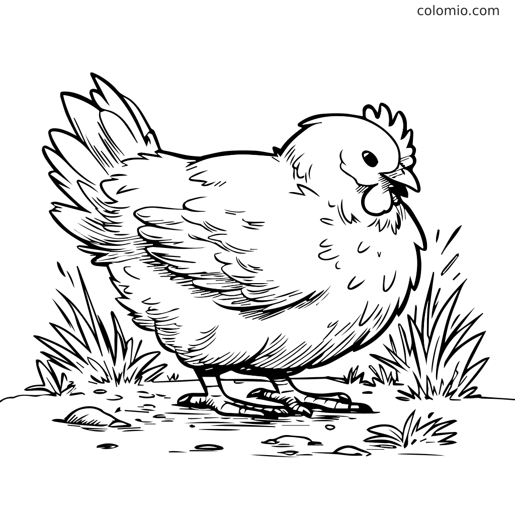 Eine schwarz-weiße Umrisszeichnung eines niedlichen Huhns, das auf Gras steht, perfekt zum Ausmalen.