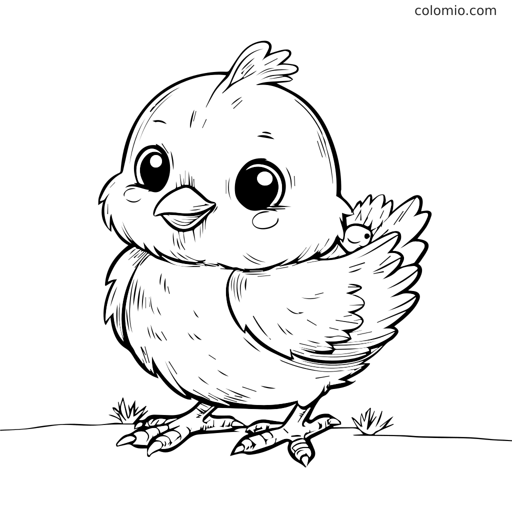 Ein niedliches Cartoonküken mit großen Augen und flauschigen Federn, bereit zum Ausmalen.
