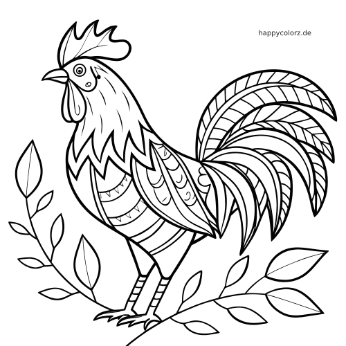 Schwarz-weißer Zentangle-Hahn mit gemustertem Gefieder und großem dekorativem Schwanz zwischen blättrigen Zweigen.