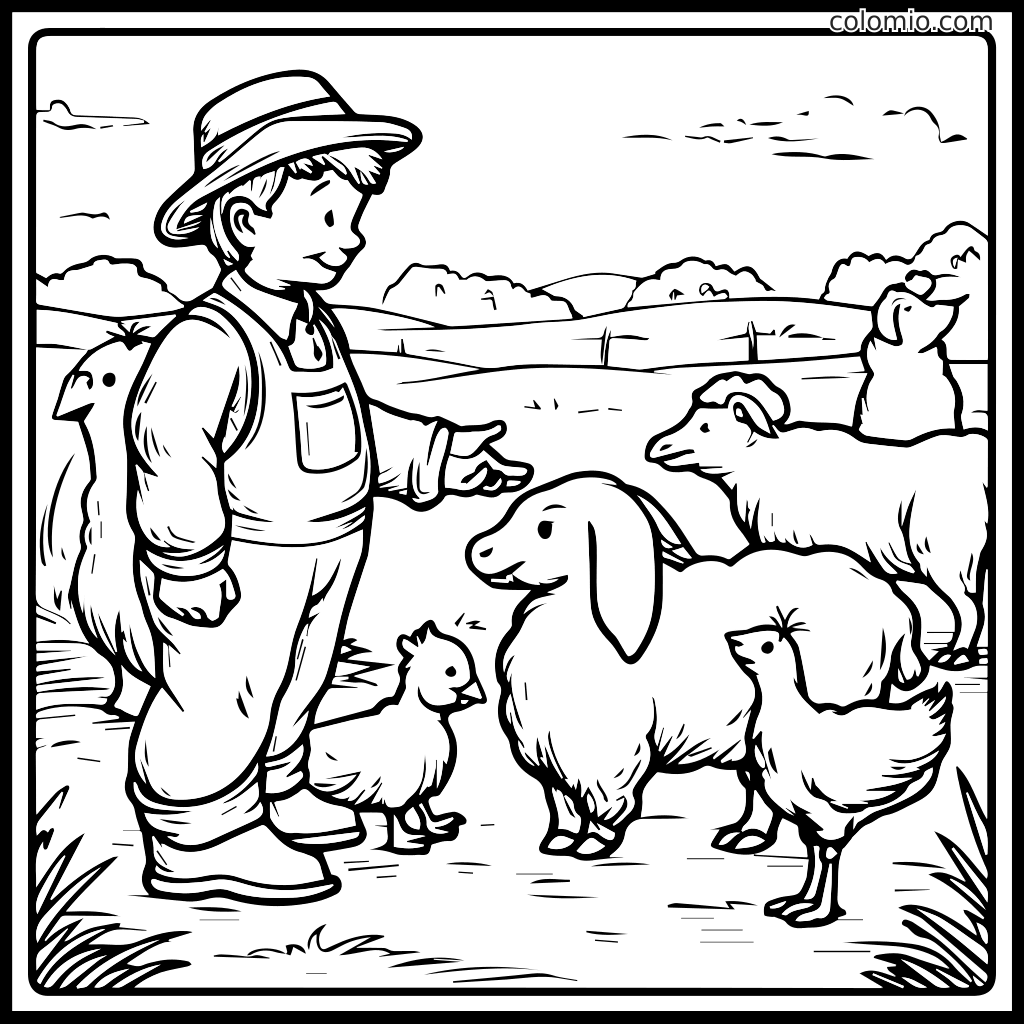Malvorlage für Kinder: Junger Bauer mit Tieren Ein junger Bauer, der mit einer Ziege, Schafen und Hühnern in einem Bauernhof-Setting interagiert, perfekt zum Ausmalen.