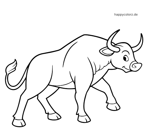 Ein Stier im Cartoon-Stil mit gebogenen Hörnern ist in Seitenansicht beim Gehen mit klaren, einfachen Umrisslinien zu sehen.