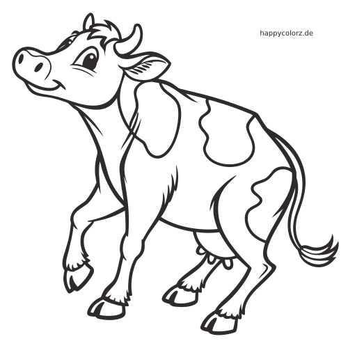 Eine Holstein-Kuh im Comicstil mit großen Augen, angehobenem Vorderbein und typischen Flecken in einer laufenden Pose.
