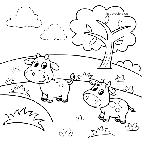 Zwei Cartoon-Kühe stehen auf einer Weide mit großem Baum, kleinen Pflanzen und flauschigen Wolken am Himmel.