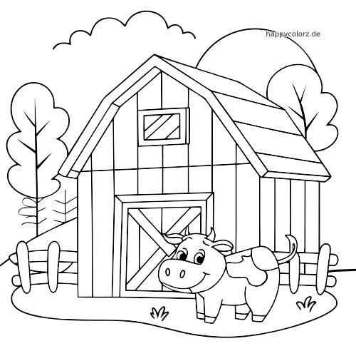 Eine Cartoon-Kuh steht lächelnd vor einer Scheune, mit Zaun, Bäumen, Gras und Sonne im Hintergrund.