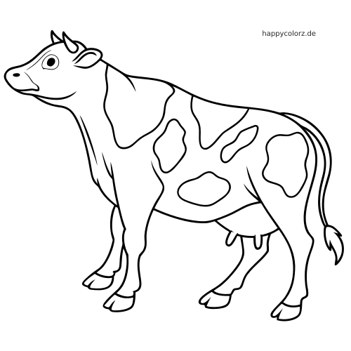 Eine einfach gezeichnete Holstein-Kuh in Seitenansicht mit großen Flecken, klaren Umrissen und ruhiger stehender Haltung.