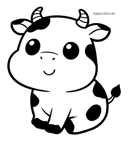 Eine einfache Kawaii-Kuh mit rundem Körper, kleinem Lächeln, gestreiften Hörnern und Frontalansicht in kräftigen schwarzen Umrissen.