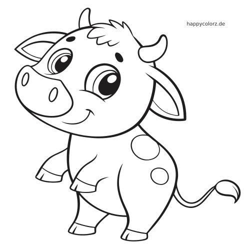 Eine Kawaii-Kuh mit großen glänzenden Augen, kleinen Hörnern, Flecken und seitlicher Körperhaltung als einfache Linienzeichnung.