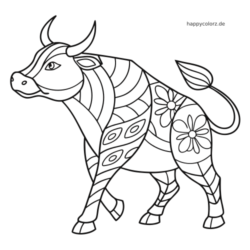 Seitenansicht einer Kuh mit Hörnern, floralem Zentangle-Muster und großen Blumen auf dem Körper als schwarze Umrisszeichnung.