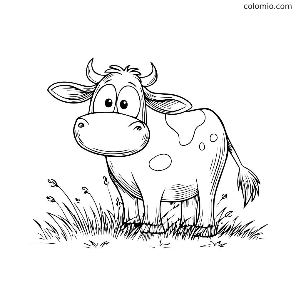 Eine Cartoon-Kuh steht im Gras und wartet darauf, ausgemalt zu werden. Sie hat große Augen und einen freundlichen Ausdruck.