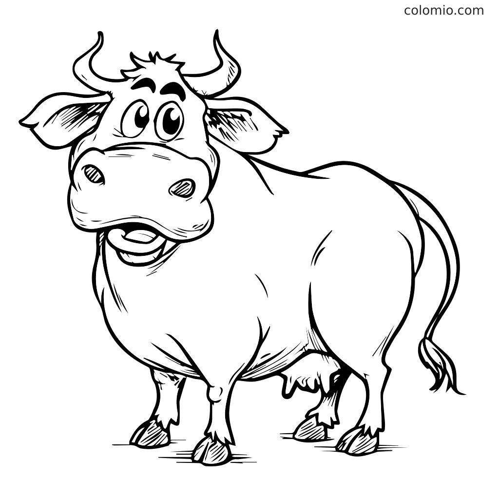 Ein freundlicher Cartoon Stier mit großen Augen und einem lächelnden Gesicht, perfekt zum Ausmalen.