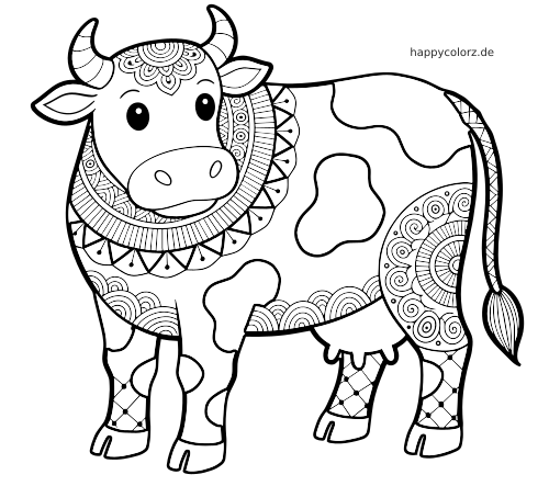 Eine Kuh in Vorderansicht mit großen Augen, Flecken und detailreichen Zentangle-Mustern an Kopf, Hals und Körper.