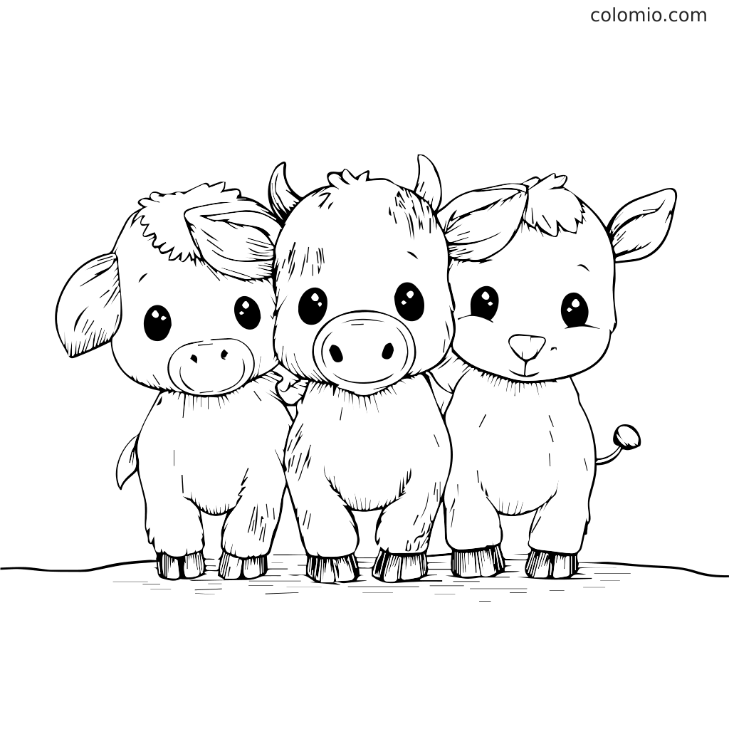 Drei niedliche Cartoon Bauernhoftiere stehen zusammen, perfekt zum Ausmalen.