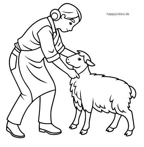 Einfache Strichzeichnung einer Bäuerin, die ein Schaf mit der Hand schert, mit klaren Konturen im kindgerechten Stil.