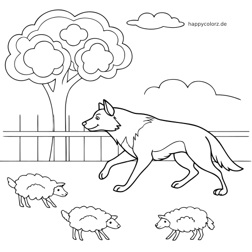 Einfache Strichzeichnung eines Hütehunds, der auf einer Weide drei Schafe vor einem Zaun, Bäumen und Wolken zusammentreibt.