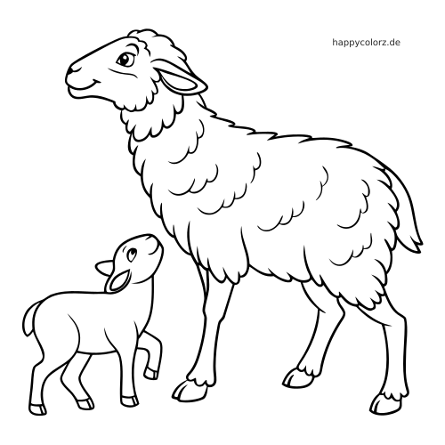 Schwarz-weiße Umrisszeichnung eines Mutterschafs mit flauschiger Wolle, das neben seinem kleinen Lamm steht.