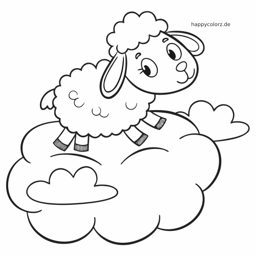 Ein Kawaii-Schaf mit flauschiger Wolle und großen Augen steht im einfachen Comic-Stil auf einer großen Wolke.