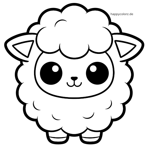 Ein Kawaii-Schaf in Vorderansicht mit flauschiger Wolle, großen runden Augen und einfachen, dicken Umrisslinien.