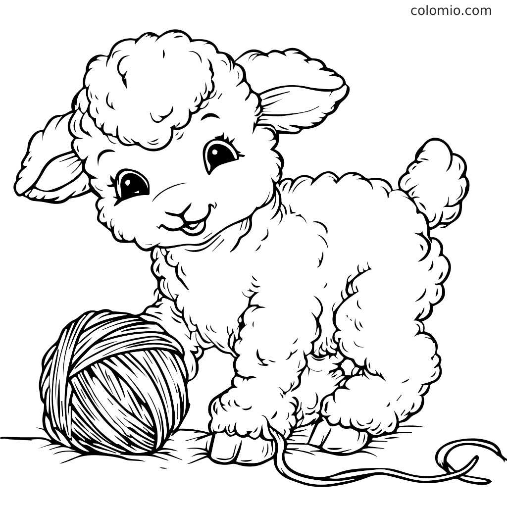 Ein verspieltes Lamm mit flauschiger Wolle spielt mit einem Garnball, perfekt zum Ausmalen.