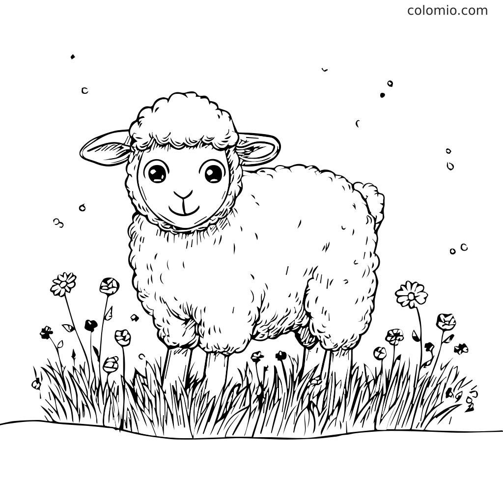 Ein niedliches Schaf steht auf einem Feld mit Blumen und Gras, bereit zum Ausmalen.
