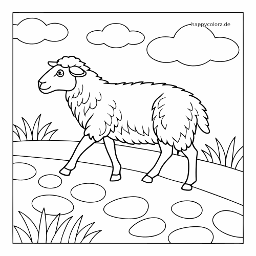 Ein Schaf mit wolligem Fell läuft auf einem Weg durch eine Wiese, mit Wolken, Gras und Steinen im einfachen Comicstil.