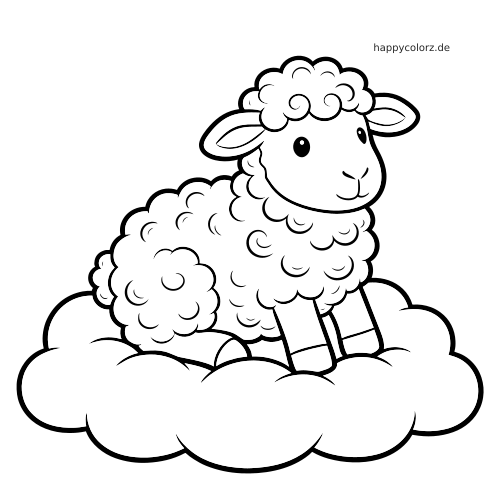 Ein Schaf mit lockiger Wolle steht auf einer großen weichen Wolke, gezeichnet als einfache schwarz-weiße Umrisszeichnung.