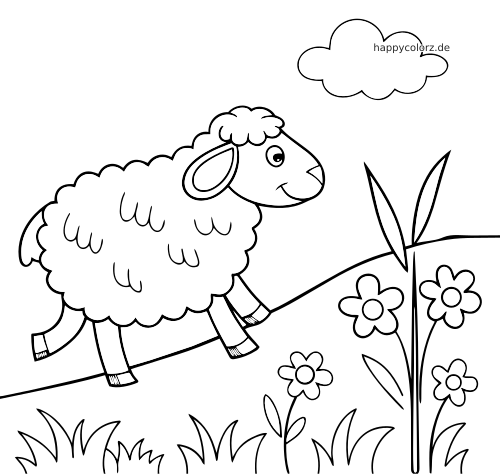 Ein Schaf mit flauschiger Wolle steht auf einem Hügel zwischen Blumen und Gras, darüber ist eine Wolke zu sehen.
