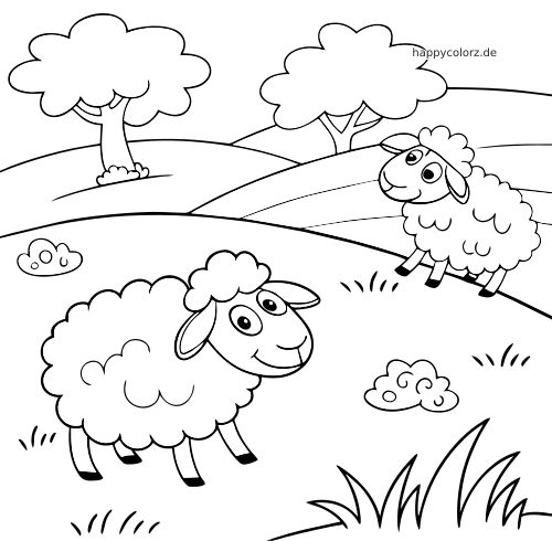 Zwei Schafe stehen auf sanften Weidehügeln mit Bäumen, Grasbüscheln und kleinen Wolken in einer einfachen Schwarz-Weiß-Zeichnung.