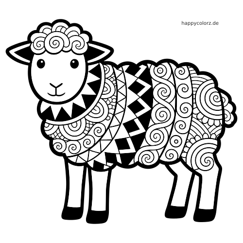 Schwarz-weißes Zentangle-Schaf mit spiralförmiger Wolle, gemustertem Körper und einfachem lächelndem Gesicht.